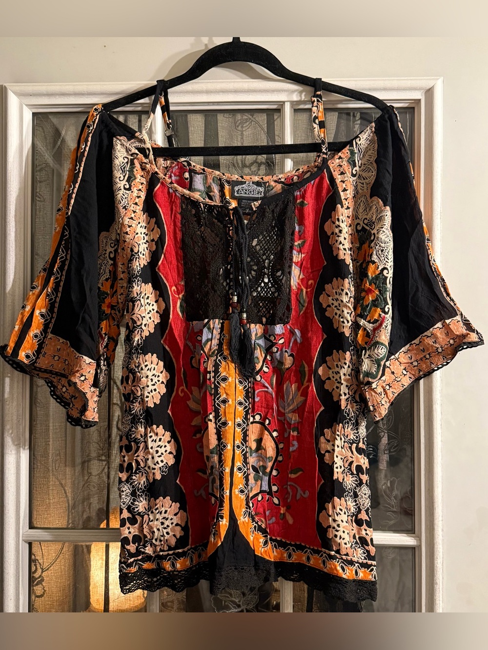 Angie Black & Red Floral Lace-Up Cold-Shoulder Blouse